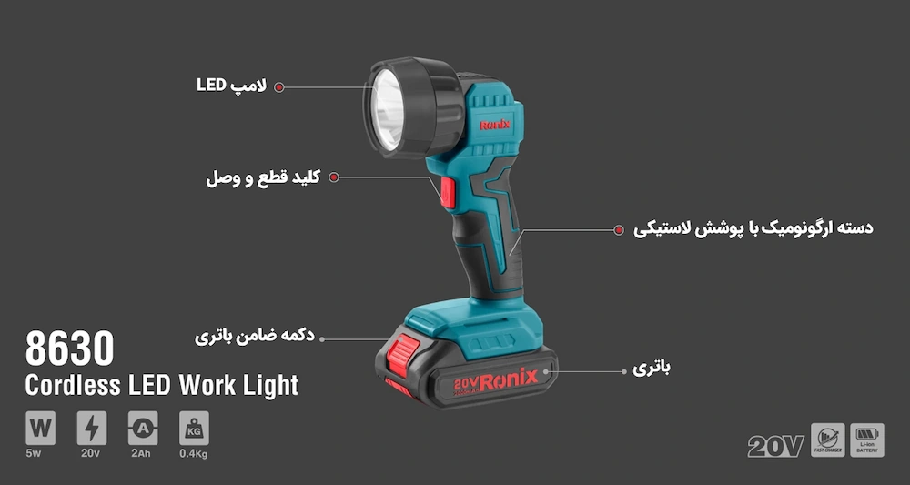نمای کلی چراغ کار شارژی 250 لومن رونیکس مدل 8630