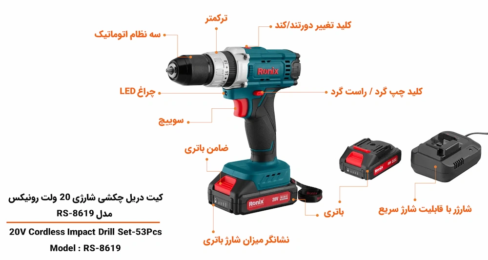 نمای کلی کیت دریل چکشی شارژی 20 ولت رونیکس مدل RS-8619
