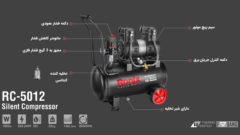 نمای کلی کمپرسور باد 50 لیتری رونیکس مدل Rc-5012