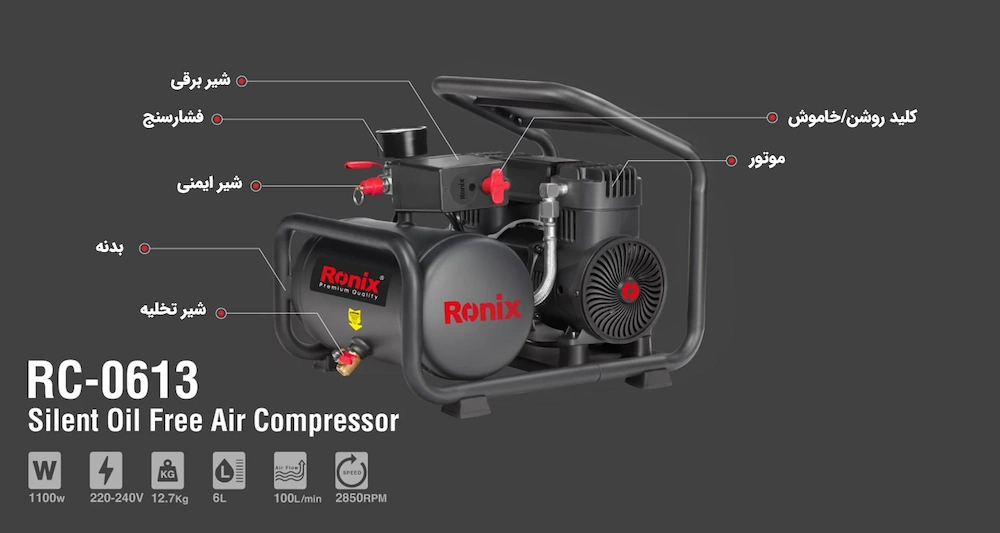 نمای کلی کمپرسور باد 6 لیتری رونیکس مدل RC-0613